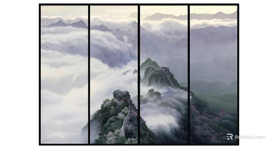 Four Panel Mountain Landscape Wall Decor Featuring Clouds Mist Great Wall Vegetation And Purple Flowers 3d model 