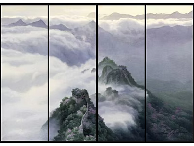 Four Panel Mountain Landscape Wall Decor Featuring Clouds Mist Great Wall Vegetation And Purple Flowers 3d model