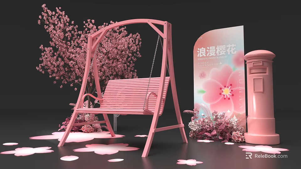 Pink Swing with Romantic Cherry Blossoms and Petals in Decorative Setup 3d model 