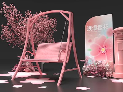 Pink Swing with Romantic Cherry Blossoms and Petals in Decorative Setup 3d model