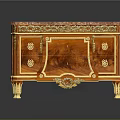 Elegant Red Cabinet With Gold Decorations Marble Top Drawers And Carved Details
