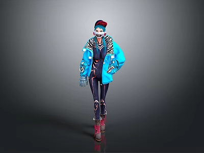 3D Character Wearing Blue Jacket Black Tight Pants Red Shoes Hat And Headphones 3d model