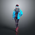 3D Character Wearing Blue Jacket Black Tight Pants Red Shoes Hat And Headphones
