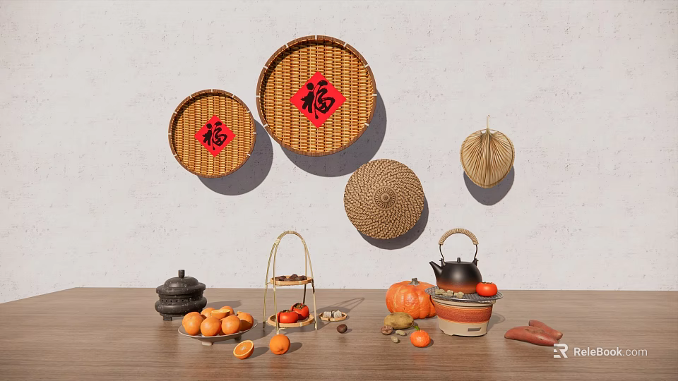Fresh Pumpkin Sweet Potatoes Oranges and Persimmons Display With Festive Bamboo Decor on Wooden Table 3d model 