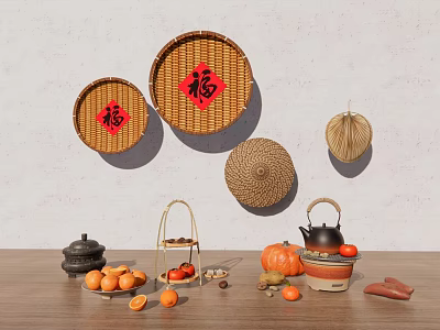 Fresh Pumpkin Sweet Potatoes Oranges and Persimmons Display With Festive Bamboo Decor on Wooden Table 3d model