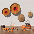 Fresh Pumpkin Sweet Potatoes Oranges and Persimmons Display With Festive Bamboo Decor on Wooden Table