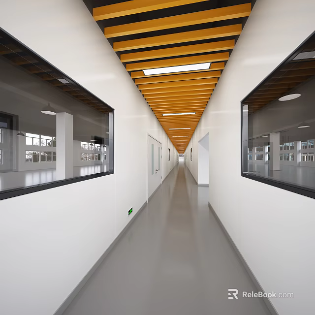 Modern Office Corridor with Wooden Ceiling Recessed Lighting Glass Partitions White Walls and Gray Flooring 3d model 
