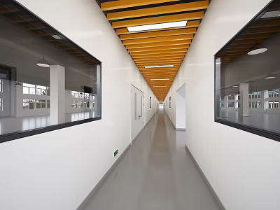 Modern Office Corridor with Wooden Ceiling Recessed Lighting Glass Partitions White Walls and Gray Flooring 3d model