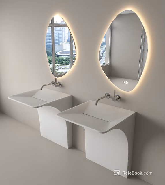 Modern Minimalist Bathroom With Two White Washbasins And Round Backlit Mirrors 3d model 