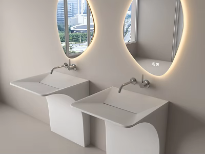 Modern Minimalist Bathroom With Two White Washbasins And Round Backlit Mirrors 3d model