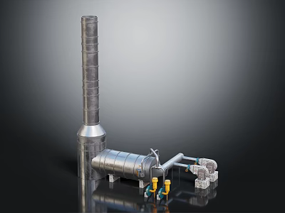 Industrial Machinery Components With Tall Vertical Cylindrical Pipe Horizontal Tank And Connecting Control Valves 3d model
