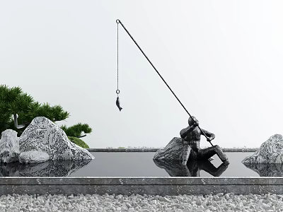 Garden Ornament Featuring Fishing Figure Sculpture Stone Pond Pine Tree And Reflection 3d model