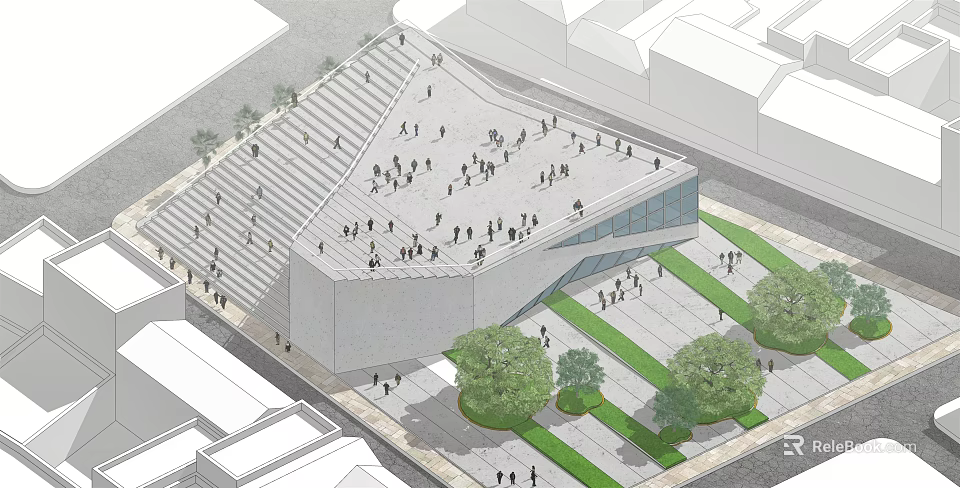 Modern Public Building Design With Stepped Roof People Gathering Green Area And Trees 3d model 