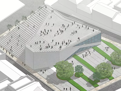 Modern Public Building Design With Stepped Roof People Gathering Green Area And Trees 3d model
