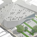 Modern Public Building Design With Stepped Roof People Gathering Green Area And Trees