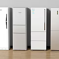 Multiple Haier Refrigerators With Different Door Designs White And Silver Arranged Against The Wall