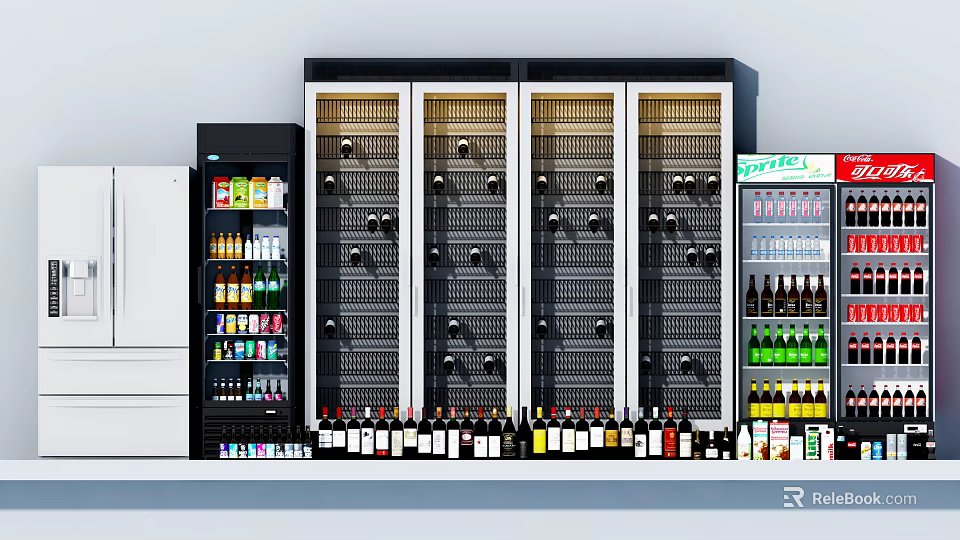 Commercial Display Freezers With Glass Doors Storing Various Beverages And Alcohol Bottles 3d model 