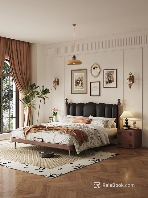 Double Bed with Black Leather Headboard White Floral Sheets and Wooden Nightstand 3d model 