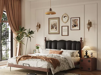 Double Bed with Black Leather Headboard White Floral Sheets and Wooden Nightstand 3d model