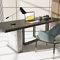 Modern Black Desk with Marble Base and Laptop on Table Gray Chair in Contemporary Interior