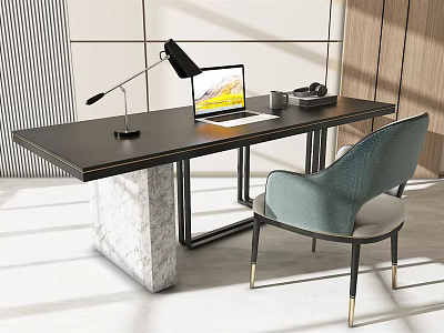 Modern Black Desk with Marble Base and Laptop on Table Gray Chair in Contemporary Interior 3d model