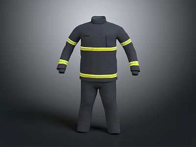 Black Fire Safety Protective Suit With Yellow Reflective Stripes Jacket And Pants 3d model