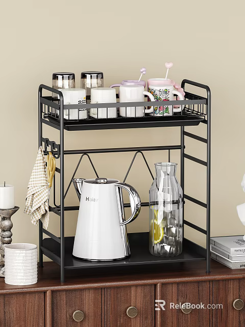 Stylish Dish Decor For Kitchen With Metal Rack Cups Kettle Glass Jar And Towel 3d model 