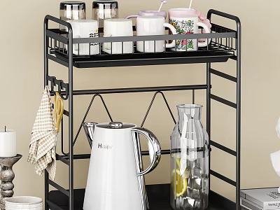 Stylish Dish Decor For Kitchen With Metal Rack Cups Kettle Glass Jar And Towel 3d model