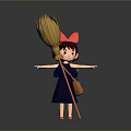 Anime Movie Character Wearing Red Bow Blue Dress Holding Broom With Small Bag