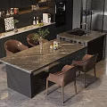 Modern Kitchen Interior Design With Island Counter Brown Chairs Green Plant And Dark Cabinets