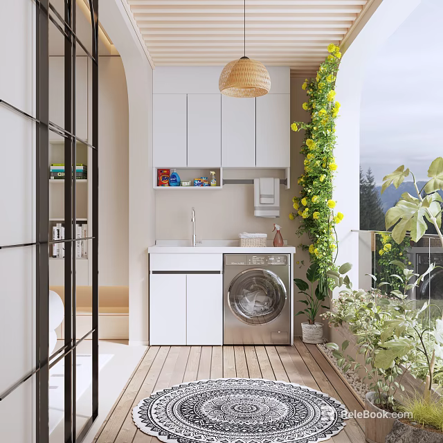Modern Home Balcony Design With White Cabinets Washing Machine Green Vines Hanging Lamp And Wooden Floor 3d model 