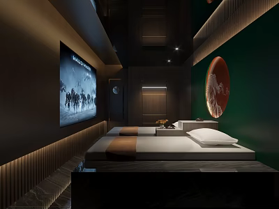 Modern SPA Sauna Room With Comfortable Beds Large Screen TV And Green Wall 3d model
