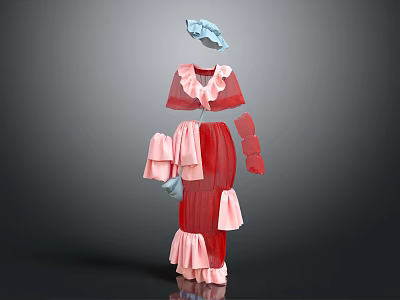 Elegant Red And Pink Dress With Blue Hat And Layered Ruffled Skirt 3d model