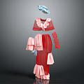 Elegant Red And Pink Dress With Blue Hat And Layered Ruffled Skirt