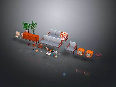 Modern Living Room Setup With White Sofa Green Plants Wooden Cabinet And Orange Accents 3d model