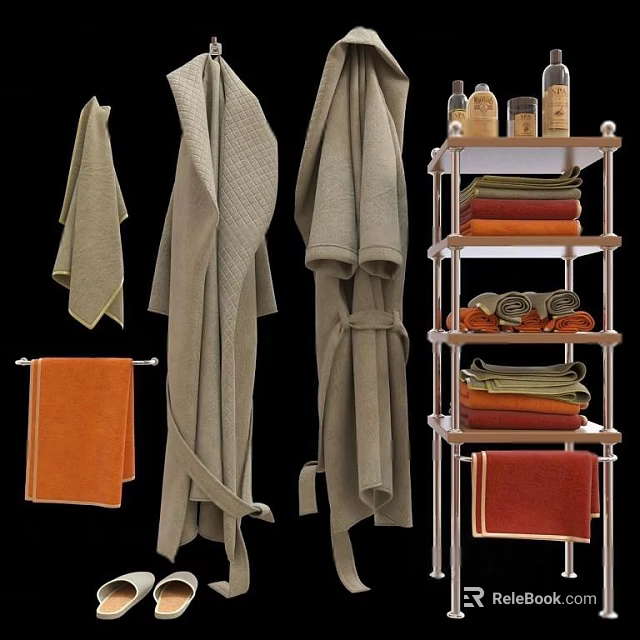 Cozy Beige Bathrobes And Orange Towels Hanging With Stacked Textiles On Metal Shelf 3d model 