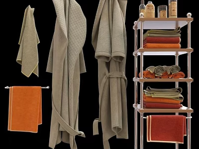 Cozy Beige Bathrobes And Orange Towels Hanging With Stacked Textiles On Metal Shelf 3d model