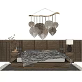 Double Bed Interior With Wooden Headboard Gray Blanket Pillows And Hanging Decor