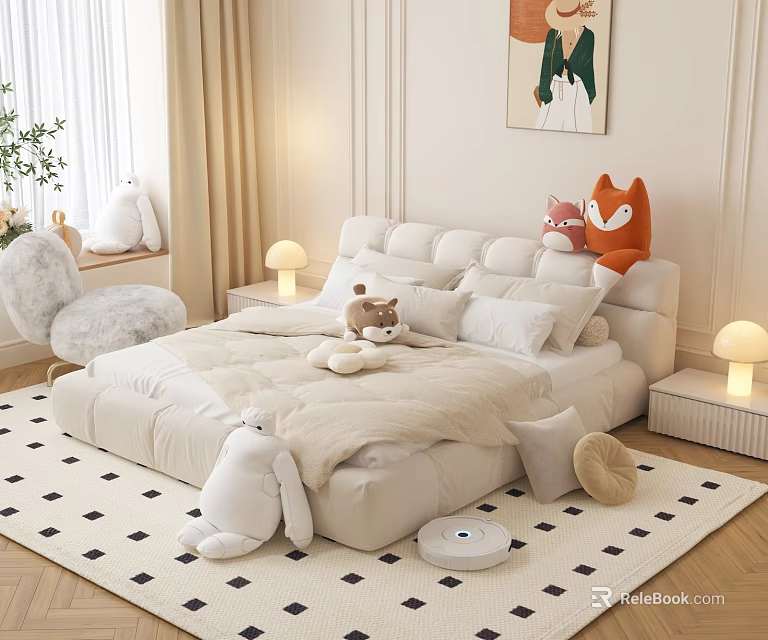 Cozy Bedroom Double Bed With Stuffed Toys Table Lamps And Soft Rug 3d model 
