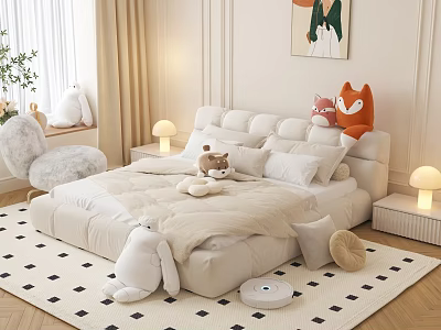 Cozy Bedroom Double Bed With Stuffed Toys Table Lamps And Soft Rug 3d model