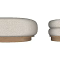 Round Beige Fabric Ottoman with Wooden Base for Living Room Seating