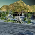 Exquisite Garden Landscape With Elephant Sculptures Fountains Palm Trees And Chinese Style Pavilion