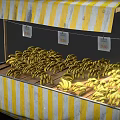 Fresh Bananas Display At Yellow And White Striped Fruit Stall With Wooden Crates
