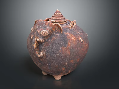 Rustic Brown Ceramic Decorative Ornament Set with Elephant Shaped Design Tiered Lid and Textured Surface 3d model