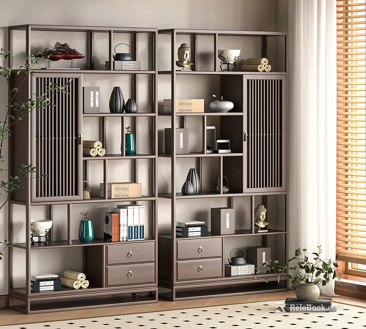 Elegant Chinese Display Shelf With Decorative Ornaments Books Vases Scrolls And Drawers 3d model 