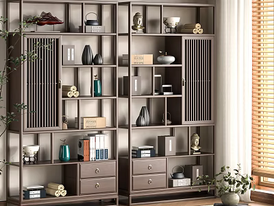 Elegant Chinese Display Shelf With Decorative Ornaments Books Vases Scrolls And Drawers 3d model