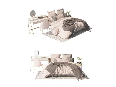 Double Bed With Soft Bedding Pillows Dressing Table Chair And Small Plant 3d model