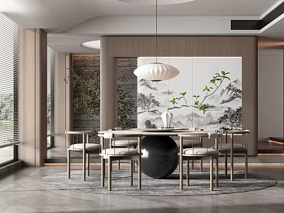 Elegant Modern Chinese Restaurant Interior With Round Dining Table Pendant Lamp And Landscape Painting 3d model