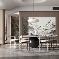 Elegant Modern Chinese Restaurant Interior With Round Dining Table Pendant Lamp And Landscape Painting
