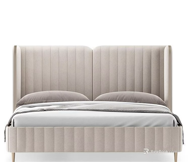 Beige Wingback Upholstered Double Bed With Stitched Detail And Soft Bed Linen 3d model 